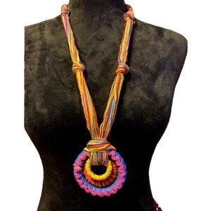 Handcrafted Rainbow Colors Statement Necklace Circular Pendant Boho Hippie Artsy